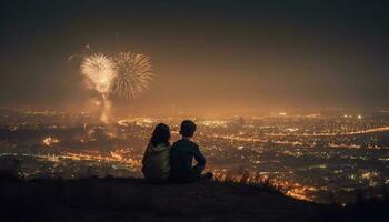 Familie umarmt Liebe und Freude unter Feuerwerk generiert durch ai foto