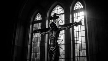 Silhouette von beten Person im gotisch Kapelle generiert durch ai foto