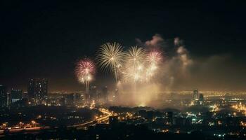Nacht Himmel in Flammen mit bunt Feuerwerk explodiert generiert durch ai foto