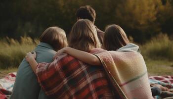 Familie Picknick im das Wald, Umarmen Zusammengehörigkeit generiert durch ai foto