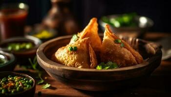 gebraten Knödel und Samosas, bereit zu Essen generiert durch ai foto