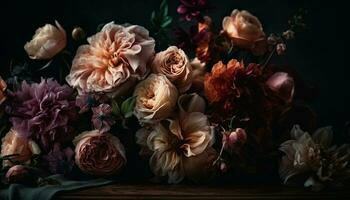 romantisch Strauß von frisch Blumen auf hölzern Tabelle generiert durch ai foto