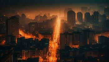 glühend Stadt Horizont beim Dämmerung, der Verkehr fließt generiert durch ai foto