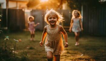 lächelnd Mädchen Laufen sorglos im Natur Wiese generiert durch ai foto