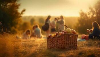 Familie Picknick im das Wiese, genießen frisch Obst generiert durch ai foto