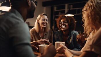 jung Erwachsene genießen Kaffee und Konversation zusammen generiert durch ai foto