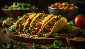 rustikal Mexikaner Taco mit gegrillt Steak und Guacamole generiert durch ai foto