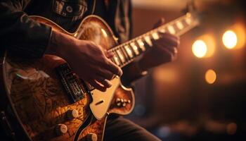 Gitarrist spielen elektrisch Gitarre auf Bühne beim Nacht generiert durch ai foto