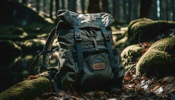 Backpacker Wandern durch Herbst Wald Landschaft Abenteuer generiert durch ai foto
