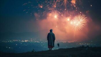 einer Person Stehen, beleuchtet durch Feuerwerk Anzeige generiert durch ai foto