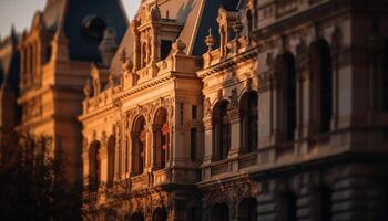 gotisch die Architektur leuchtet alt Stadt Straßen beim Dämmerung generiert durch ai foto