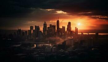 glühend Stadt Horizont beim Dämmerung, generiert durch ai foto