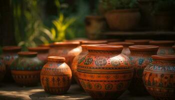 dekorativ Terrakotta Vase mit kompliziert einheimisch Muster generiert durch ai foto