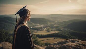 Stehen auf Berg Gipfel lächelnd generiert durch ai foto