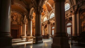 majestätisch gotisch Basilika beleuchtet beim Nacht generiert durch ai foto