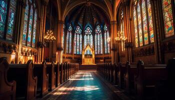 majestätisch Kathedrale mit befleckt Glas und Kreuz generiert durch ai foto