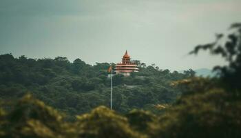 Buddhist Pagode steht hoch im uralt Wald generiert durch ai foto