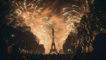 glühend Stadt Horizont, explodiert Feuerwerk, freudig Menge generiert durch ai foto