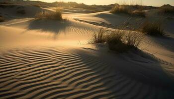 Sonnenuntergang Über wellig Sand Dünen, still Schönheit generiert durch ai foto