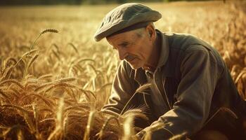 reifen Farmer halten reif Weizen, lächelnd glücklich generiert durch ai foto