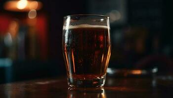 schaumig Bier Glas auf Bar Zähler beim Nacht generiert durch ai foto