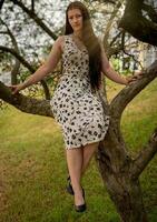 ein Frau im Weiß Sommer- Kleid Sitzung auf ein Baum foto