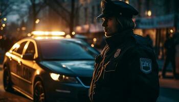 Polizei Offiziere im Uniform patrouillieren Stadt Straßen beim Nacht generiert durch ai foto