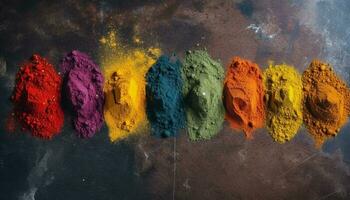 beschwingt Farben von indisch Gewürze erstellen ein chaotisch, abstrakt Hintergrund generiert durch ai foto