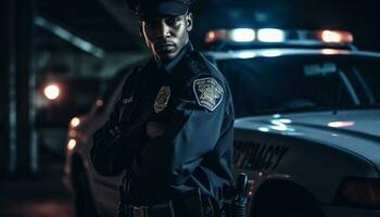 zuversichtlich Sicherheit Mitarbeiter im Uniform patrouillieren dunkel Stadt Straßen beim Nacht generiert durch ai foto