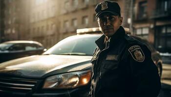 zuversichtlich Polizei Offizier Stehen durch Auto, Bewachung Stadt der Verkehr beim Nacht generiert durch ai foto