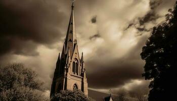 majestätisch Silhouette von uralt gotisch Turm generiert durch ai foto