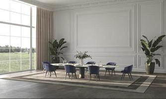 Luxus helles Esszimmer mit Sonnenlicht und Naturansicht Hintergrund 3d rendern Illustration beige Innenarchitektur foto