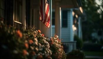 amerikanisch Flagge auf Veranda, Natur Dekoration Vordergrund generiert durch ai foto