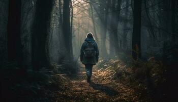 Einsamkeit im das gespenstisch Wald, Rucksack Abenteuer generiert durch ai foto