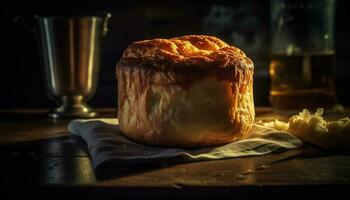 frisch gebacken Fleisch Kuchen auf rustikal hölzern Tabelle generiert durch ai foto