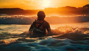 Männer und Frauen Surfen beim Sonnenuntergang, extrem Spaß generiert durch ai foto