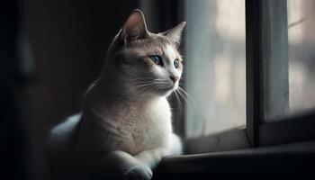 flauschige Kätzchen starren aus Fenster, süß Porträt generiert durch ai foto