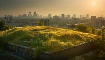 Sonnenuntergang leuchtet Wolkenkratzer im Stadtbild Horizont generiert durch ai foto