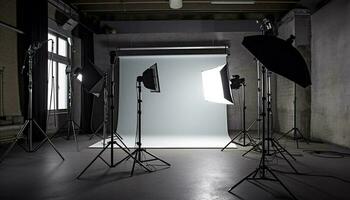 modern Studio beleuchtet durch hell Halogen Beleuchtung Ausrüstung und Reflektor generiert durch ai foto