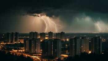 Elektrizität entzündet sich Stadt Horizont im dramatisch Gewitter generiert durch ai foto