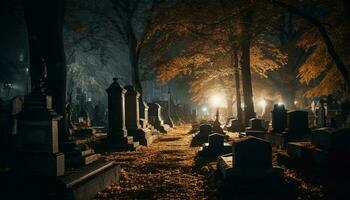gespenstisch Herbst Nacht, tot Baum, Grab Stein generiert durch ai foto