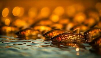 golden Fisch schwimmt im still Blau Teich generiert durch ai foto