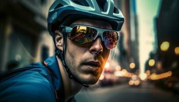 muskulös Radfahrer Geschwindigkeiten durch Stadt der Verkehr beim Nacht generiert durch ai foto