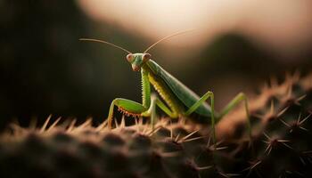 Grün Heuschrecke auf Blatt, vergrößert im Natur generiert durch ai foto