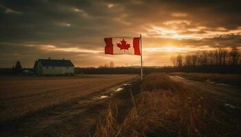 kanadisch Flagge Wellen im beschwingt Sonnenuntergang Himmel generiert durch ai foto