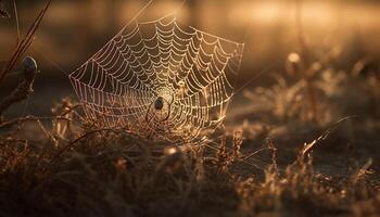 Spinne dreht sich Netz, Tau Tropfen glitzern im Sonnenlicht generiert durch ai foto