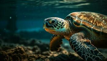 Blau Meer Schildkröte Schwimmen im tropisch Riff generiert durch ai foto