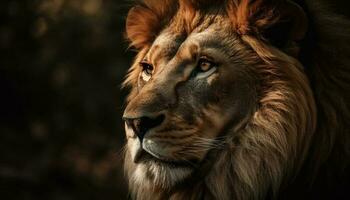 majestätisch Löwe starren mit Stärke im Wildnis generiert durch ai foto