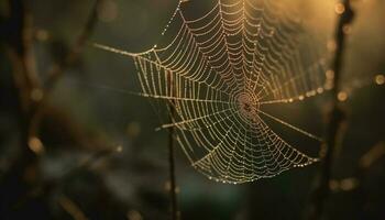 Spinne Netz glitzert mit Tau im Herbst Wald generiert durch ai foto