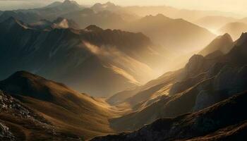 majestätisch Berg Gipfel, still Sonnenaufgang, Panorama- Landschaft generiert durch ai foto